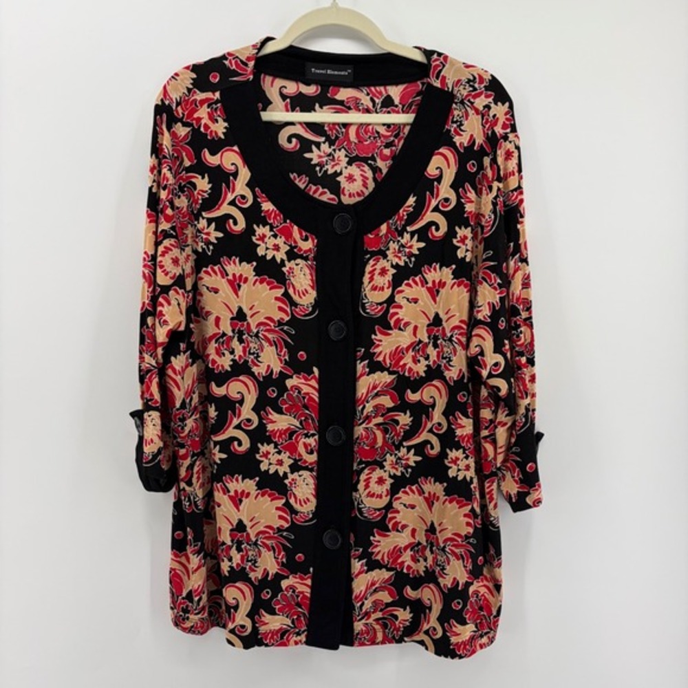 Travel Elements Womens Black Red Floral Print Button‎ Up Cardigan Top 1X